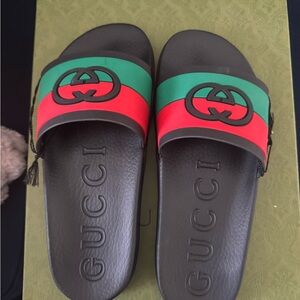 Gucci Black Slides with Red and Green Straps